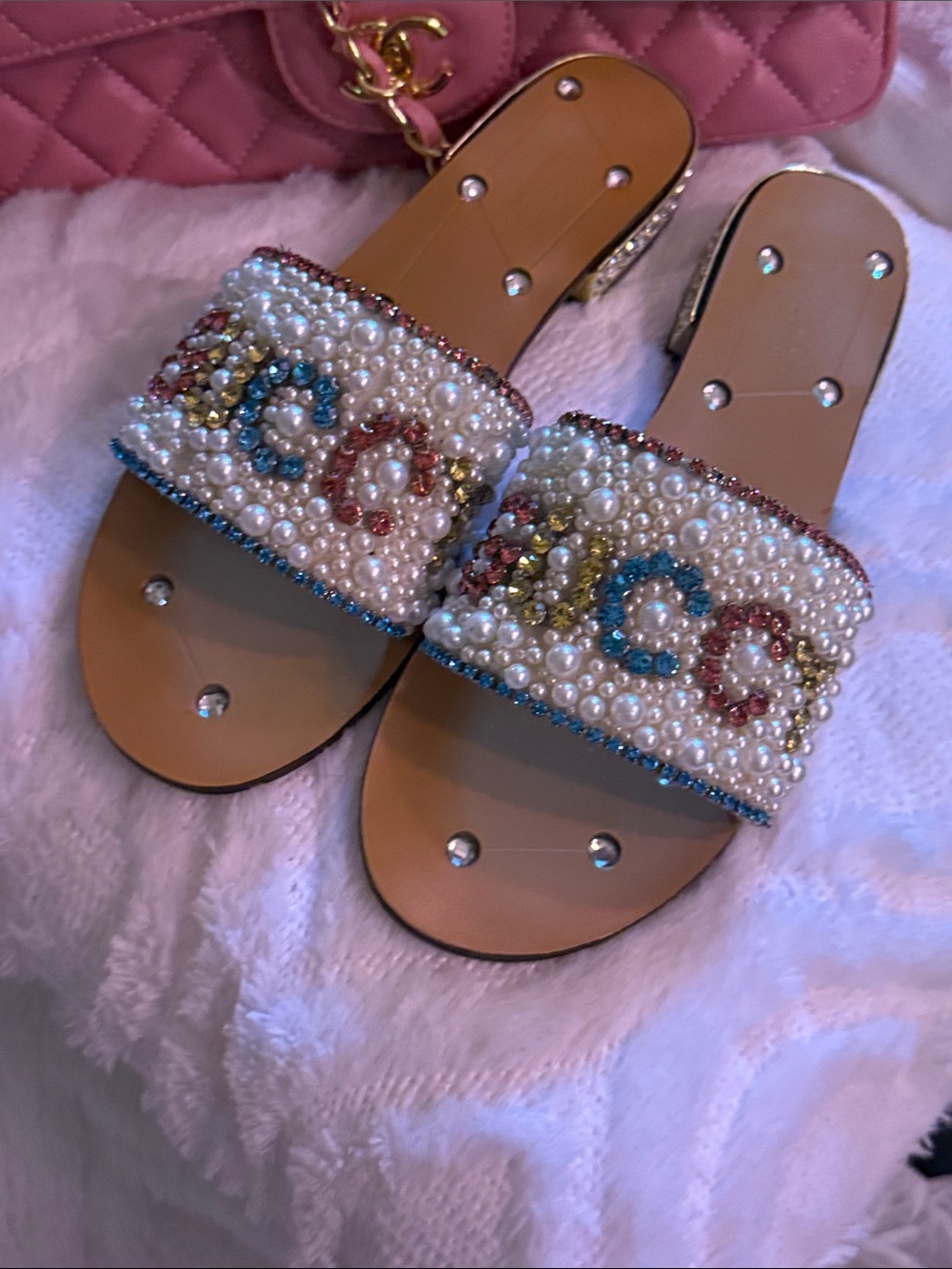 Pearl & Multicolor Crystal Slide Sandals - White, Blue, Pink, Yellow 8 1/2